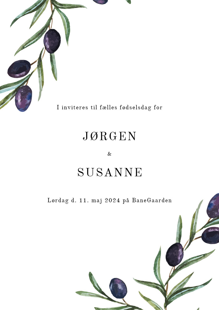 
                Flot og sofistikeret design med olivengrene til din eller jeres fødselsdag. Invitationen kan både bruges til en fælles fødselsdag som her, eller til din egen fødselsdagsfest. Brug bagsiden af invitationen til mere information.Til designet kommer også matchende elementer i form af velkomstskilt, bordoversigt, menukort, bordkort, drinkskort, mm. således I kan skabe en rød tråd for dagen.                